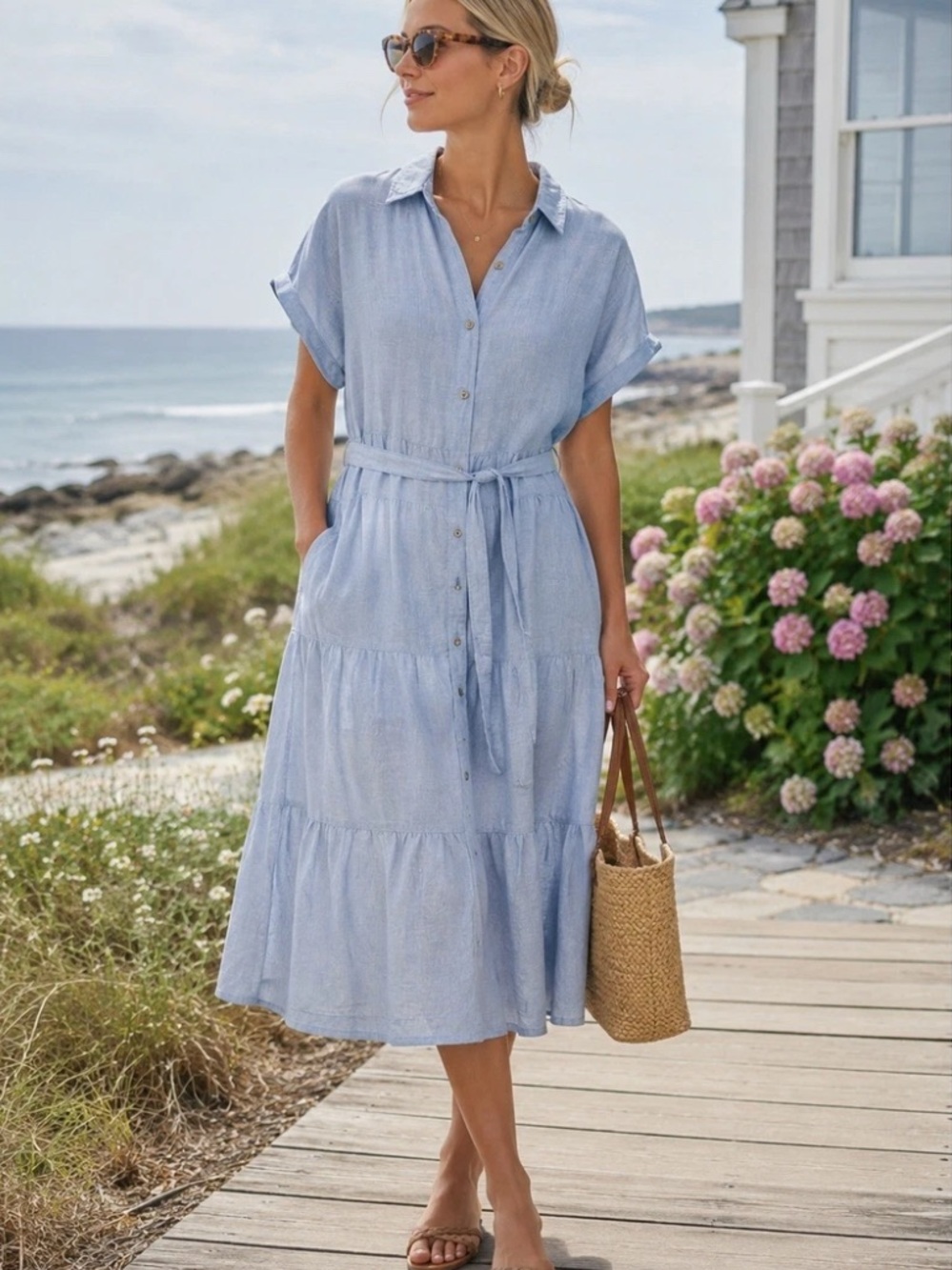 Cynthia Rowley 100% Linen Tiered Shirt Dress L Light Blue